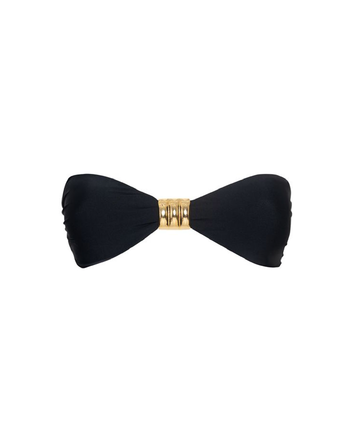 A black bandeau-style bikini top with a structured bow shape and a gold clasp at the center, shown against a plain white background.