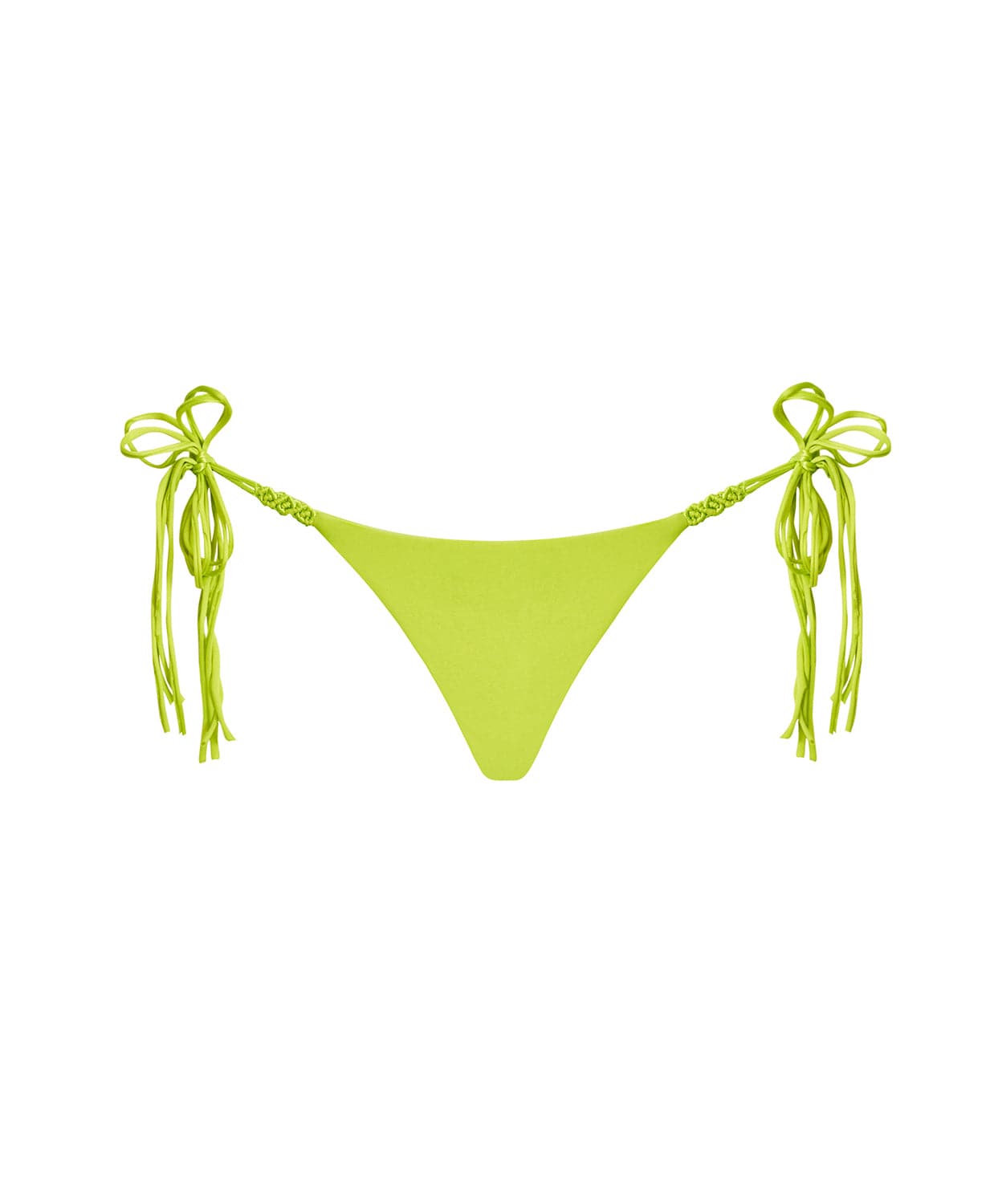 A lime macrame tie side bikini bottom. Featured against a white wall background.