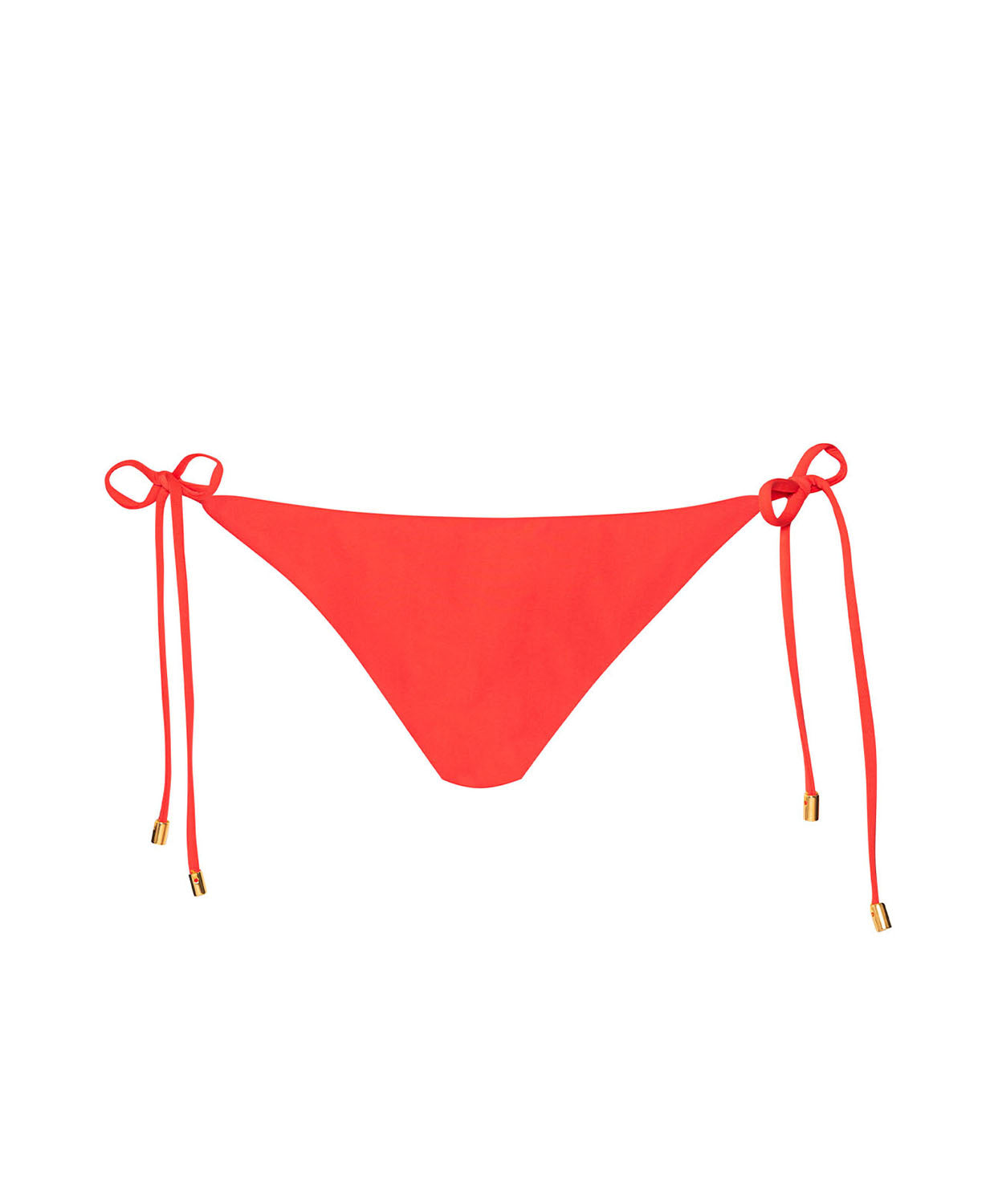 Red tie side bikini bottoms against a white wall.