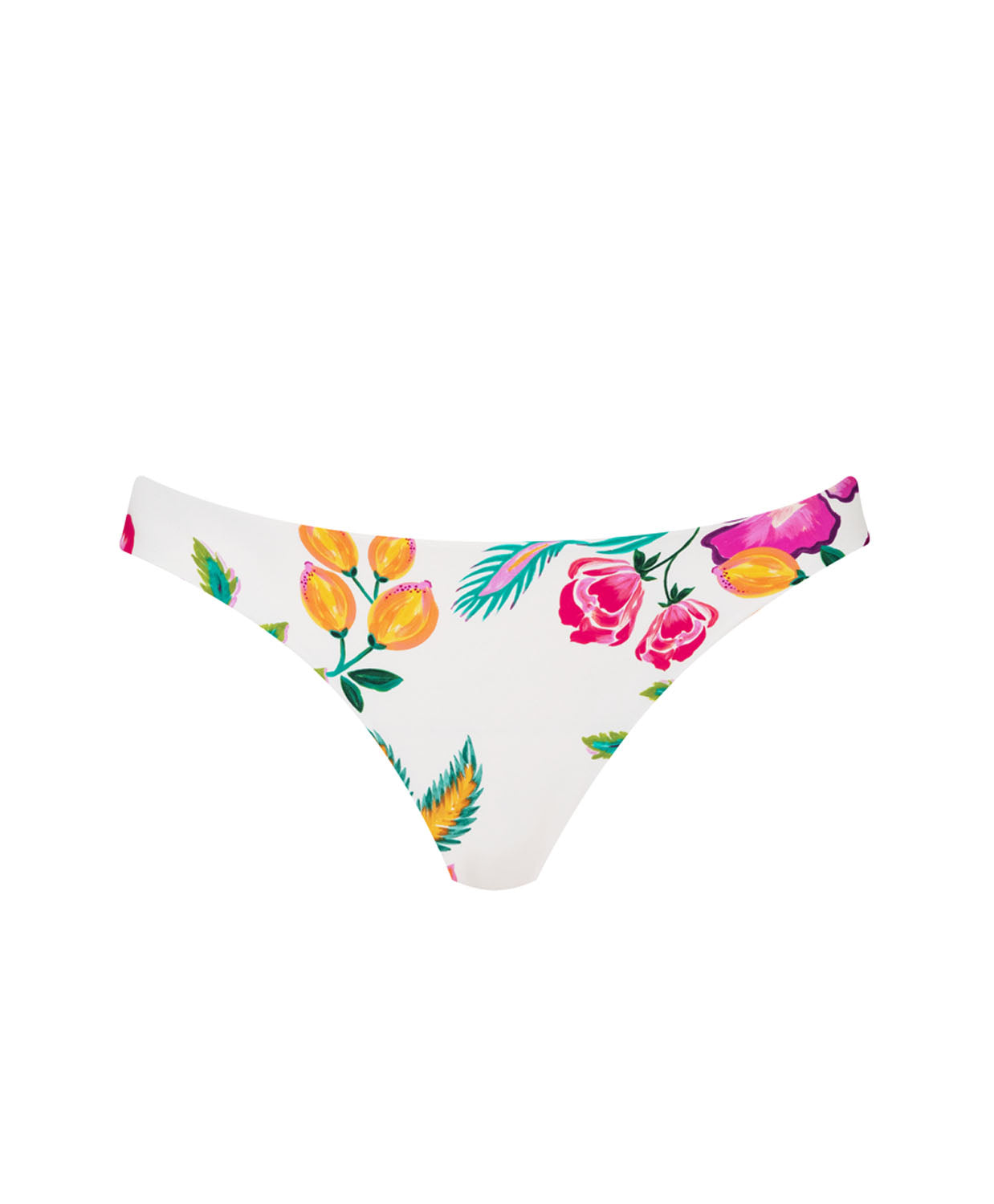 A white bikini bottom with floral details against a white wall.