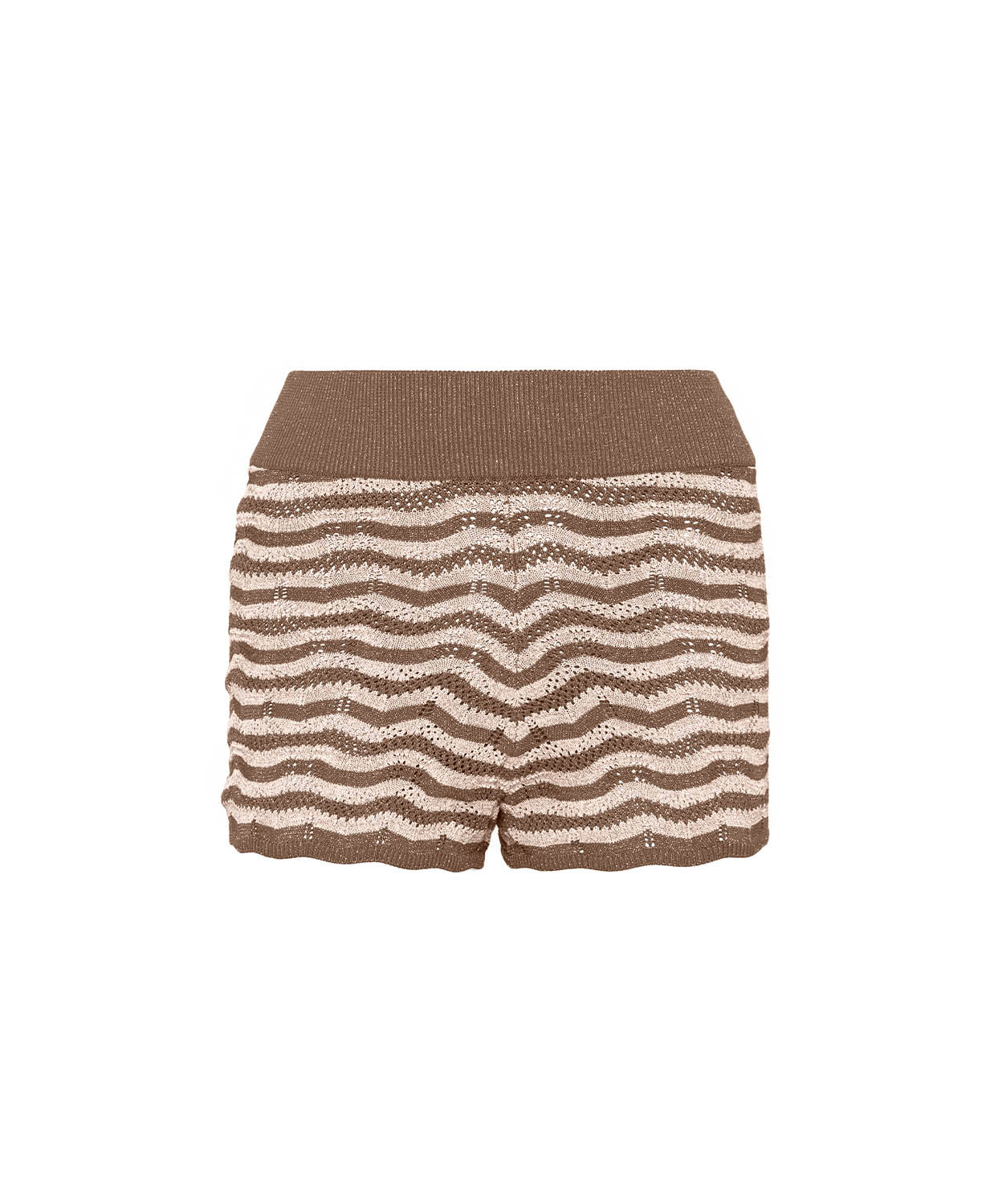 Brown and beige striped shorts on a white background