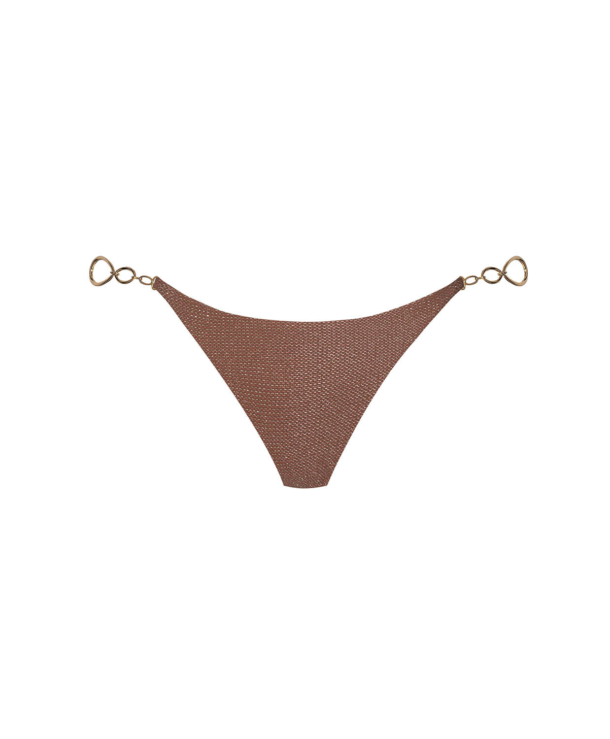 Brown bikini bottom with gold hooks on a white background