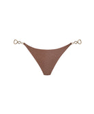Brown bikini bottom with gold hooks on a white background