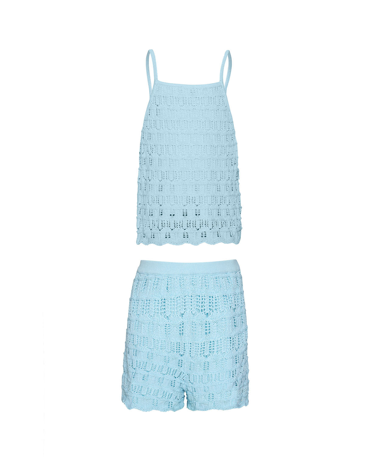 Kids Ice Blue Milo Set – soft crochet knit halter top and shorts in sky-blue, perfect for sunny days and seaside adventures.