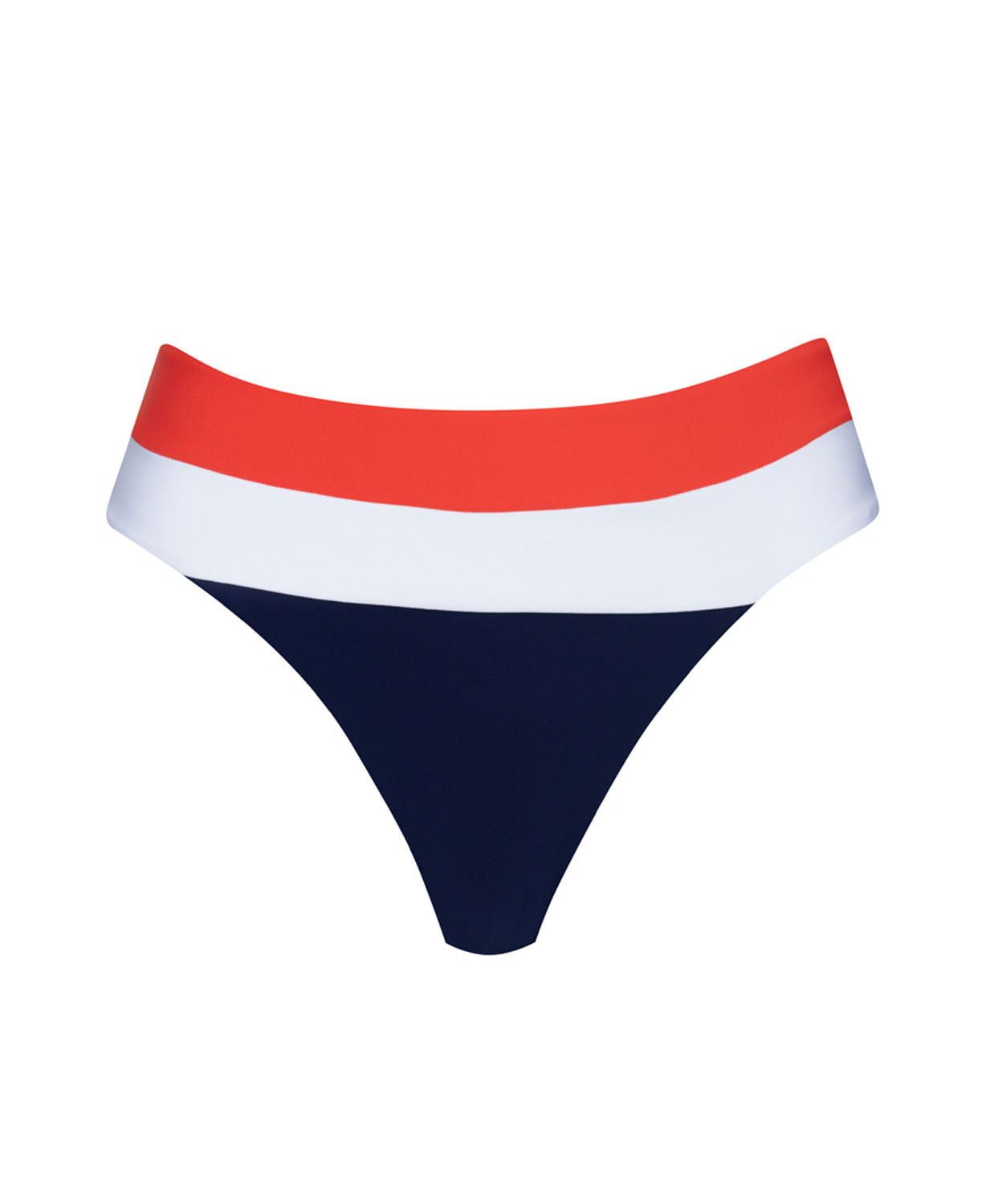A red, white, and navy bikini bottom against a white wall.