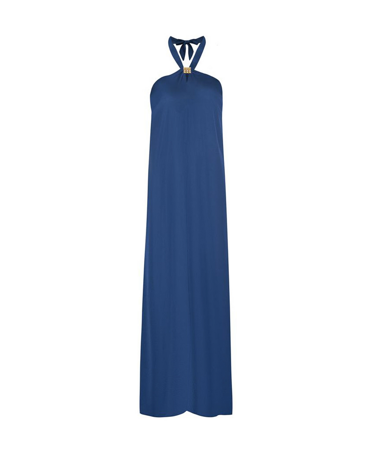 A sleeveless halter-neck maxi dress in a solid medium blue color, shown against a plain white background.