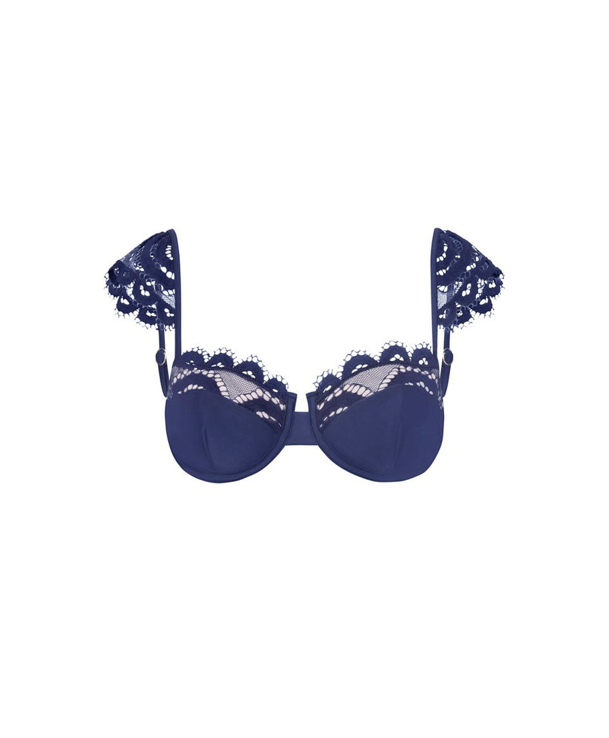 A navy blue underwire bikini featuring intricate lace trim along the cups and shoulder straps, displayed against a solid white background.