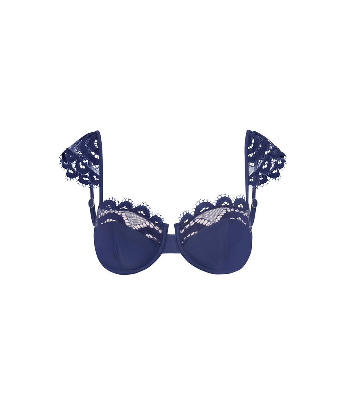 A navy blue underwire bikini featuring intricate lace trim along the cups and shoulder straps, displayed against a solid white background.