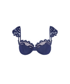 A navy blue underwire bikini featuring intricate lace trim along the cups and shoulder straps, displayed against a solid white background.
