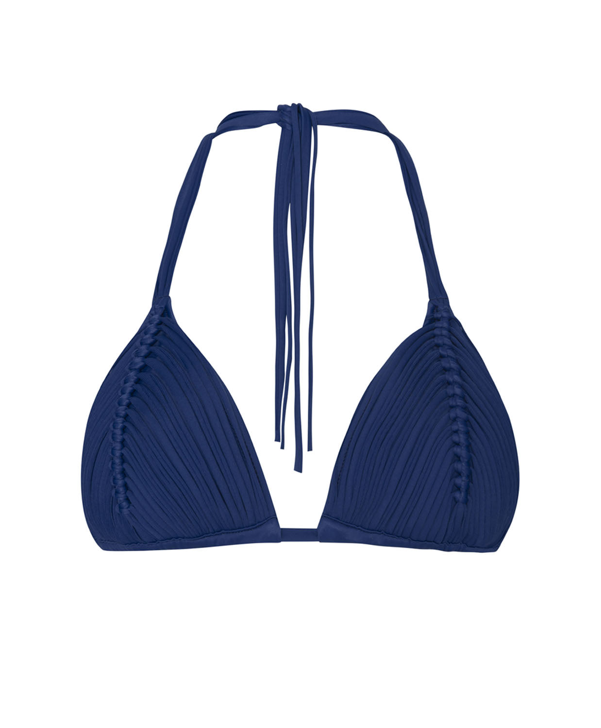 Navy blue Isla triangle bikini top featuring intricate handwoven macrame detailing
