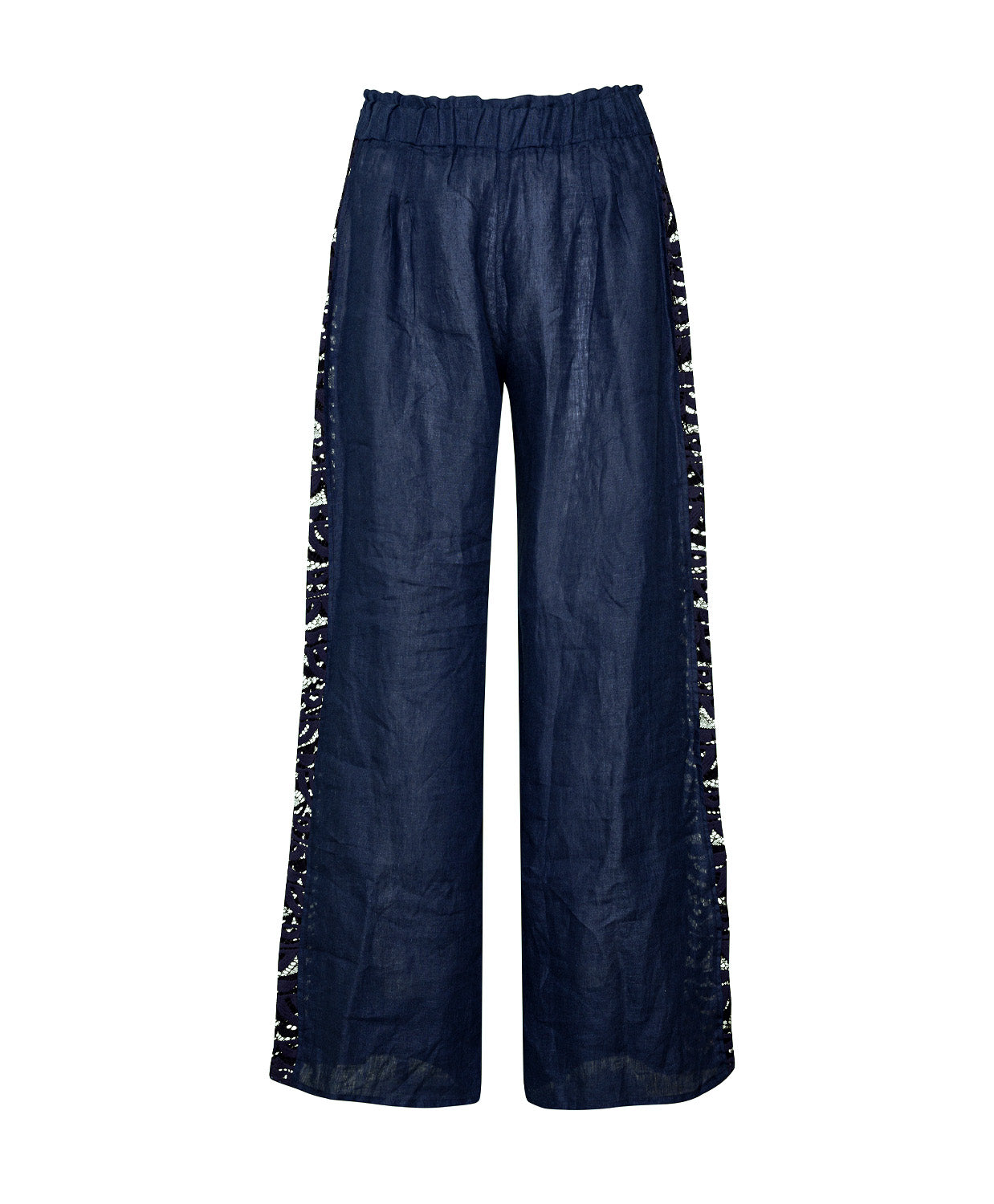 Navy Jace Lace Pant in airy navy linen with hand-cut lace side panels and a ruched waistband for a feminine, resort-ready look.
