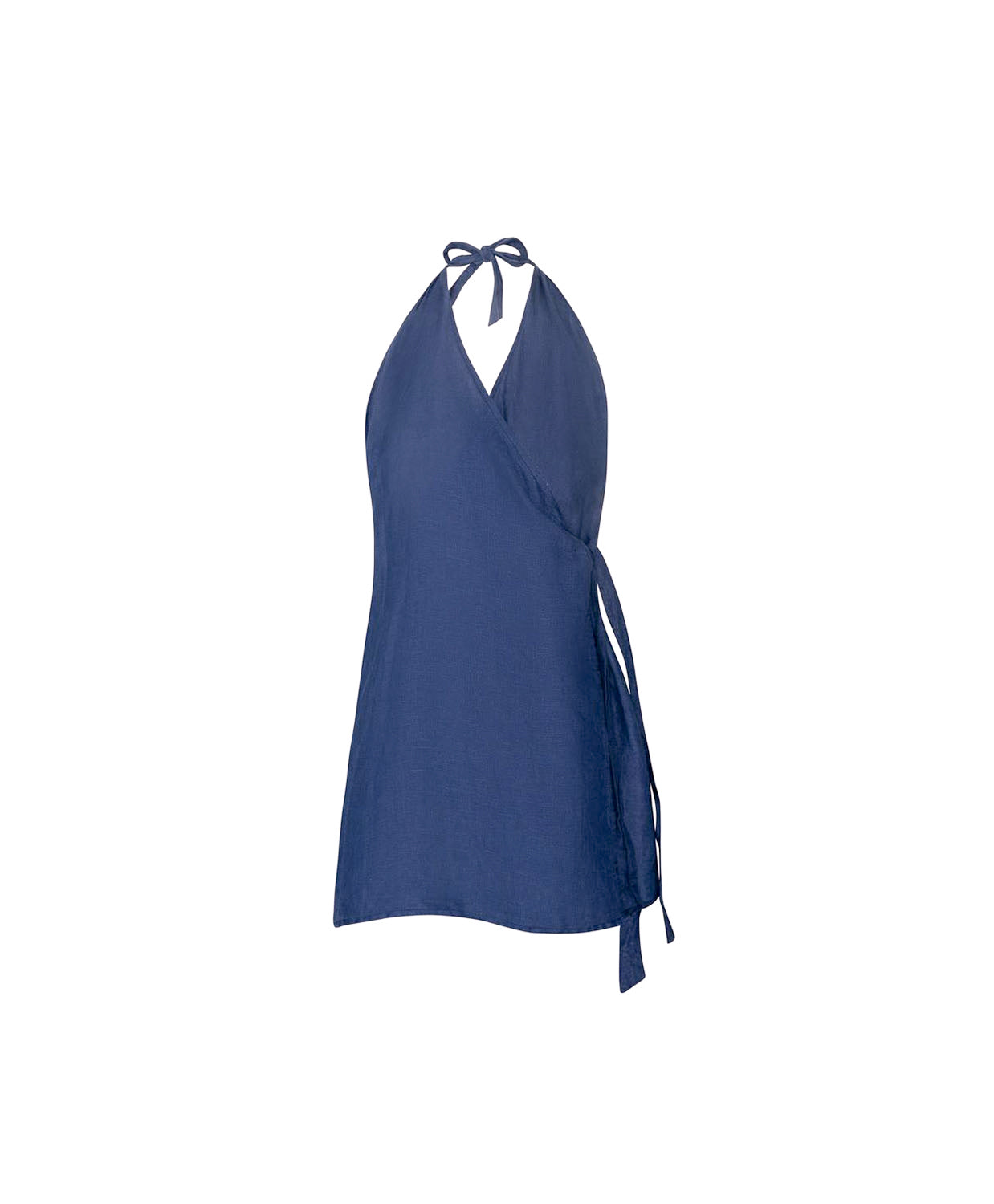 A navy blue halter wrap top with side tie details, displayed on a clean white background.