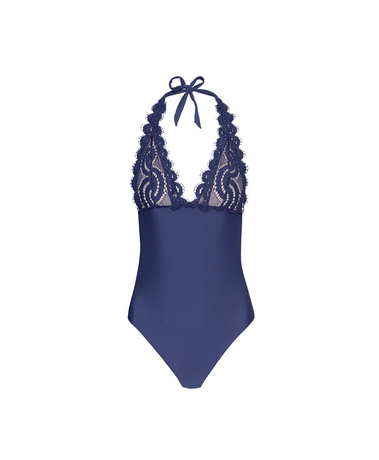 A navy blue one-piece swimsuit with a halter neckline, featuring intricate floral lace trim along the neckline and a small bow at the top, displayed against a solid white background.