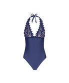A navy blue one-piece swimsuit with a halter neckline, featuring intricate floral lace trim along the neckline and a small bow at the top, displayed against a solid white background.