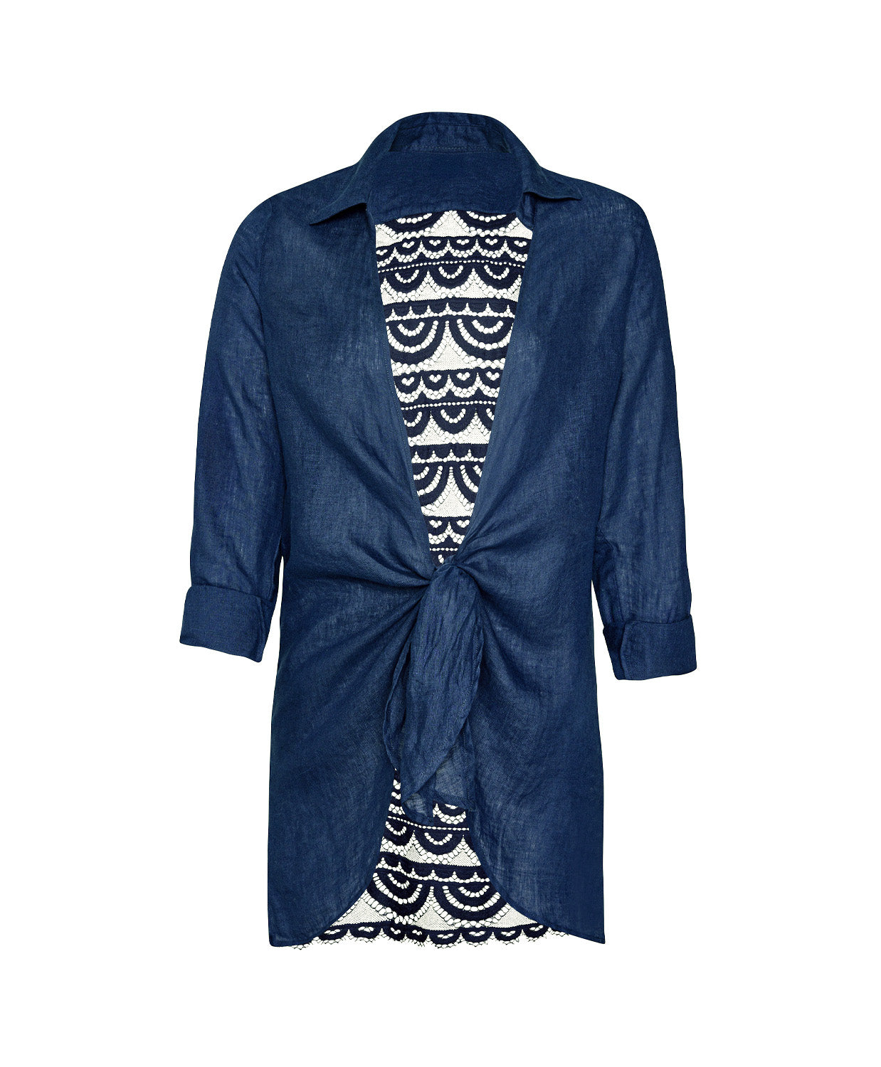 Navy tunic with lace trim on a white background