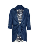 Navy tunic with lace trim on a white background