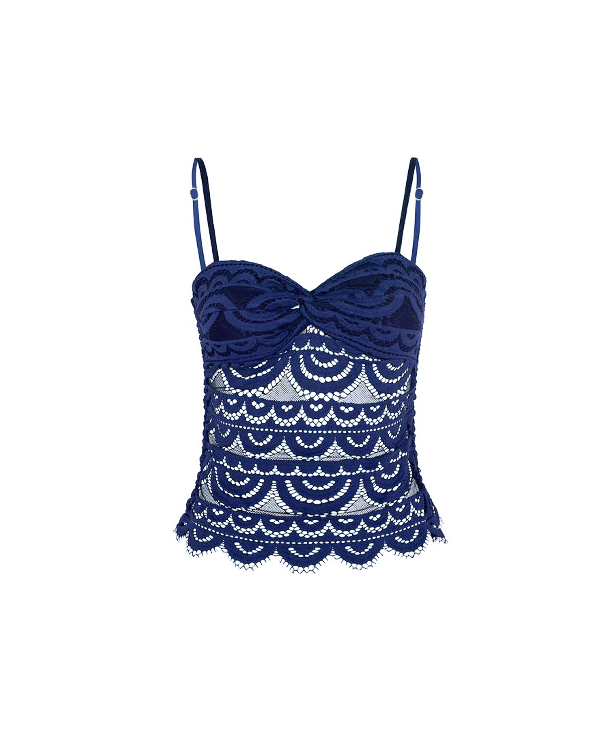 A navy blue lace top with thin shoulder straps, a sweetheart neckline, and a scalloped lace pattern, shown against a plain white background.