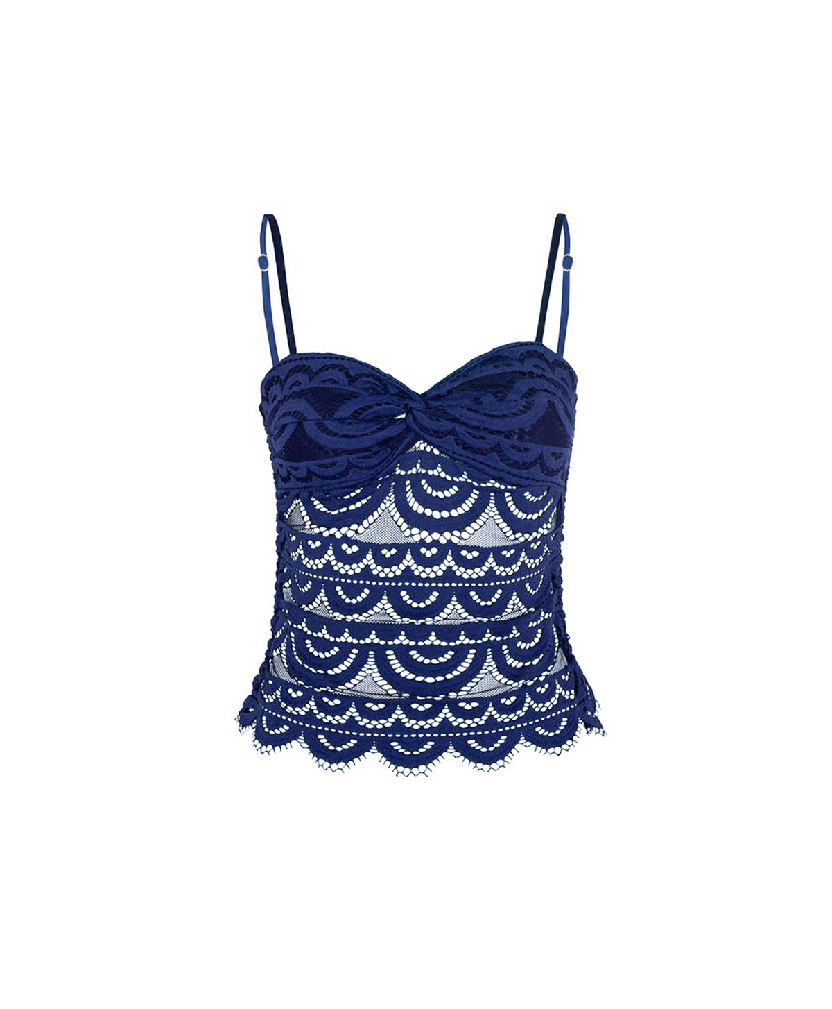A navy blue lace top with thin shoulder straps, a sweetheart neckline, and a scalloped lace pattern, shown against a plain white background.