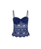 A navy blue lace top with thin shoulder straps, a sweetheart neckline, and a scalloped lace pattern, shown against a plain white background.