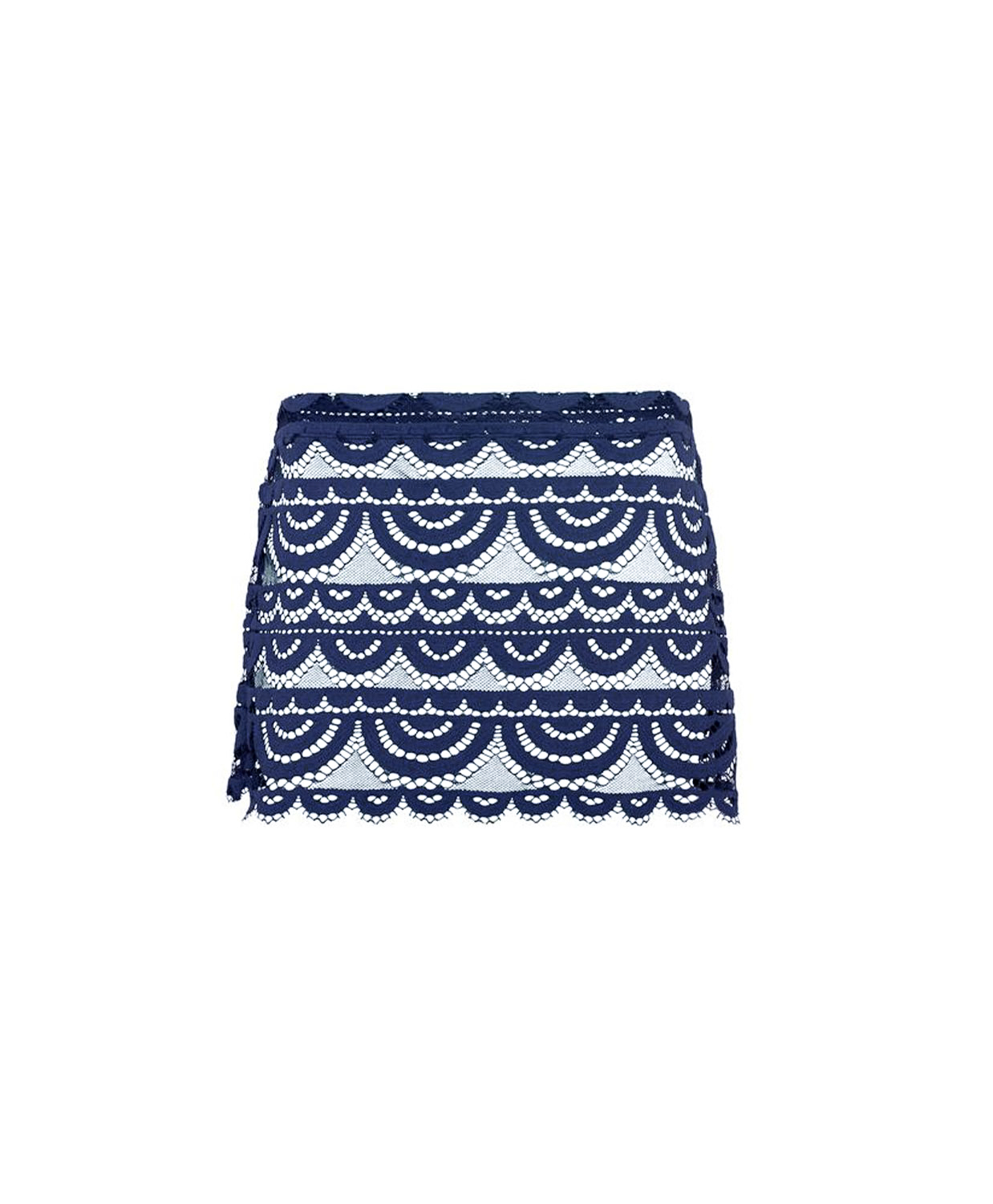 A navy blue lace mini skirt with scalloped edges, shown flat against a plain white background.