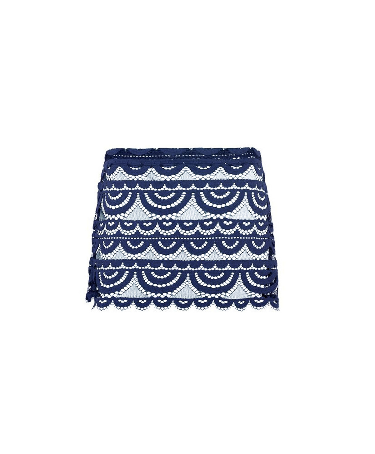 A navy blue lace mini skirt with scalloped edges, shown flat against a plain white background.