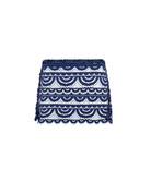A navy blue lace mini skirt with scalloped edges, shown flat against a plain white background.