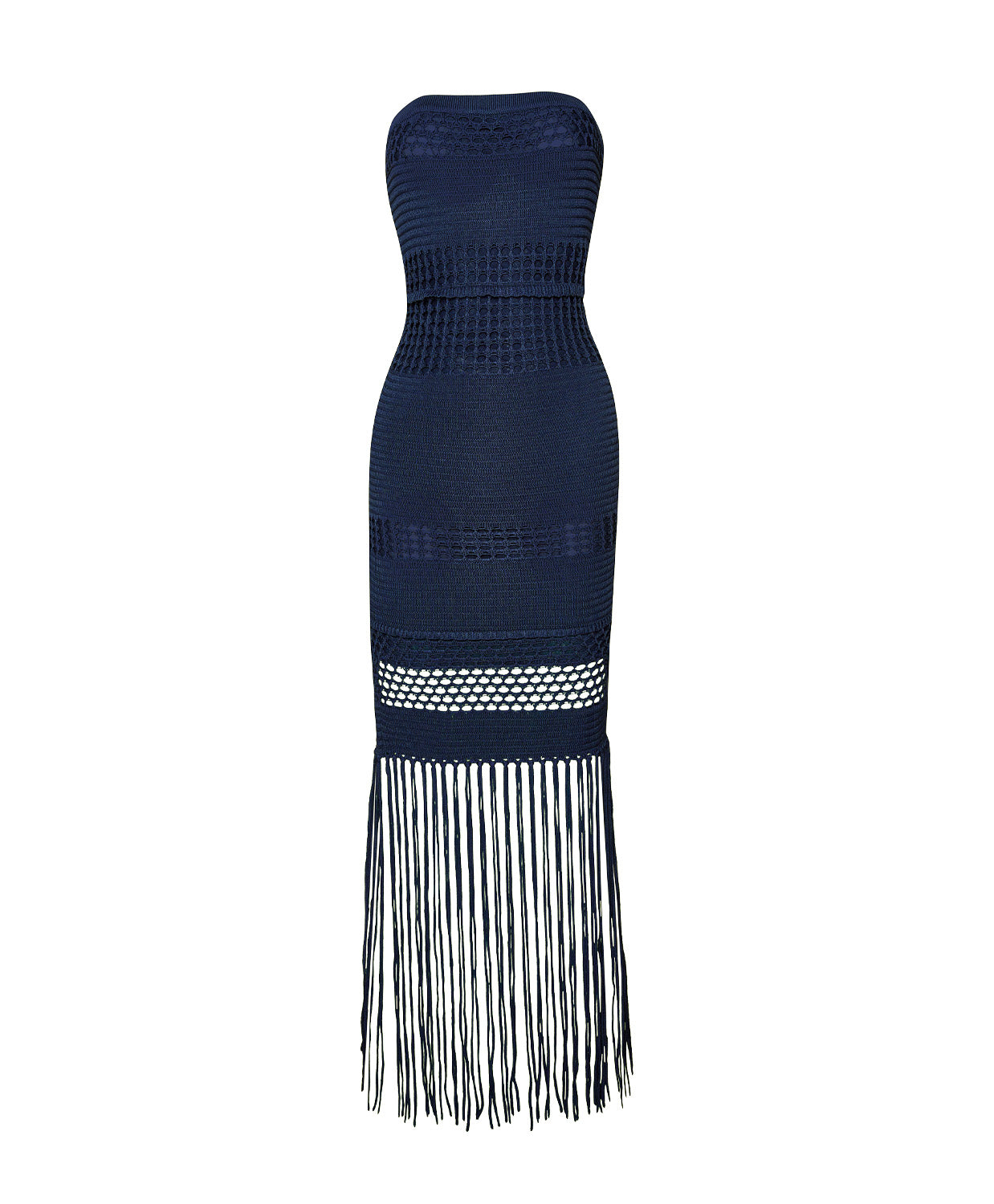 Navy Melissa Fringe Dress strapless fitted silhouette with fringe