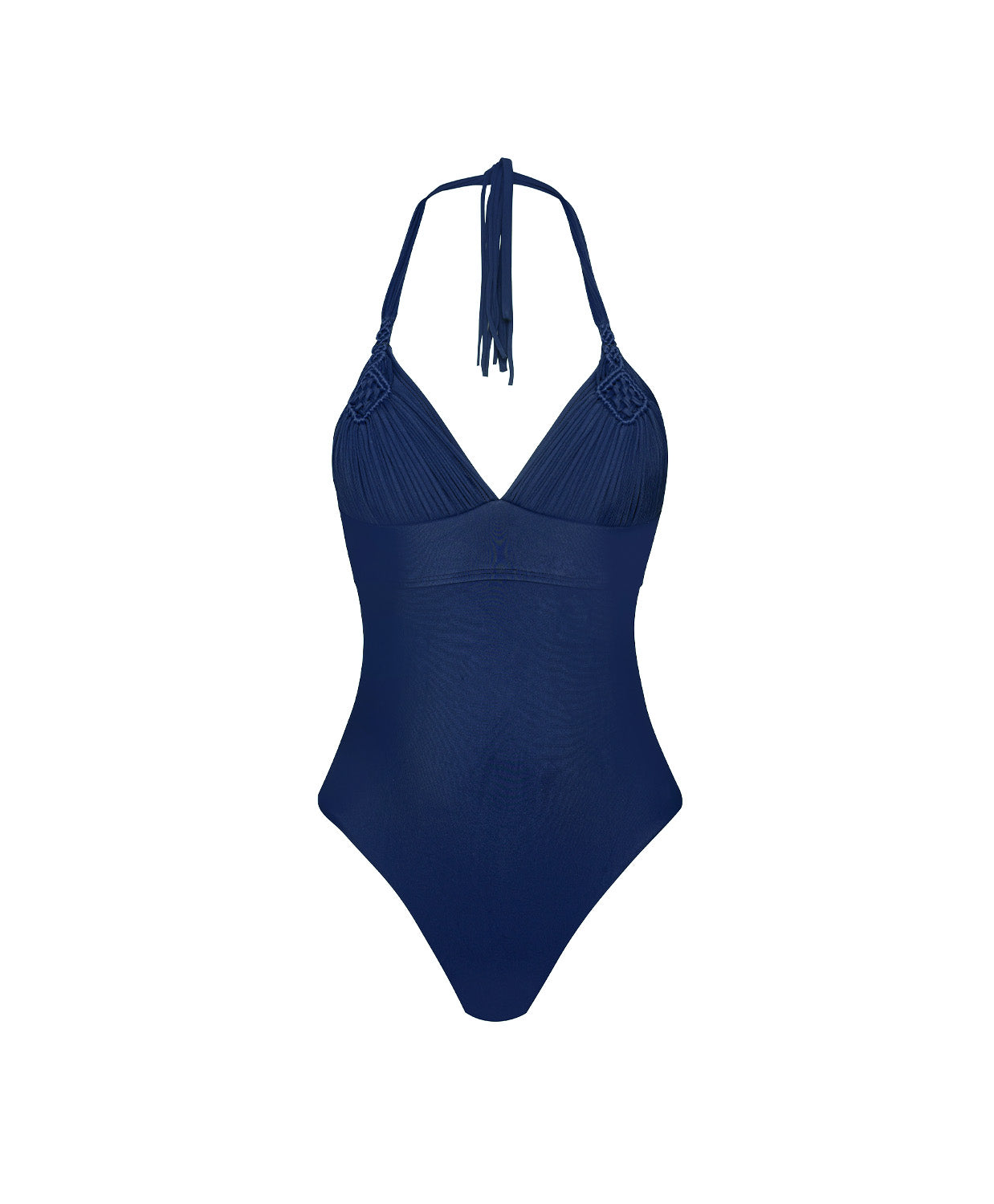 Navy blue one-piece swimsuit on a white background