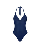 Navy blue one-piece swimsuit on a white background