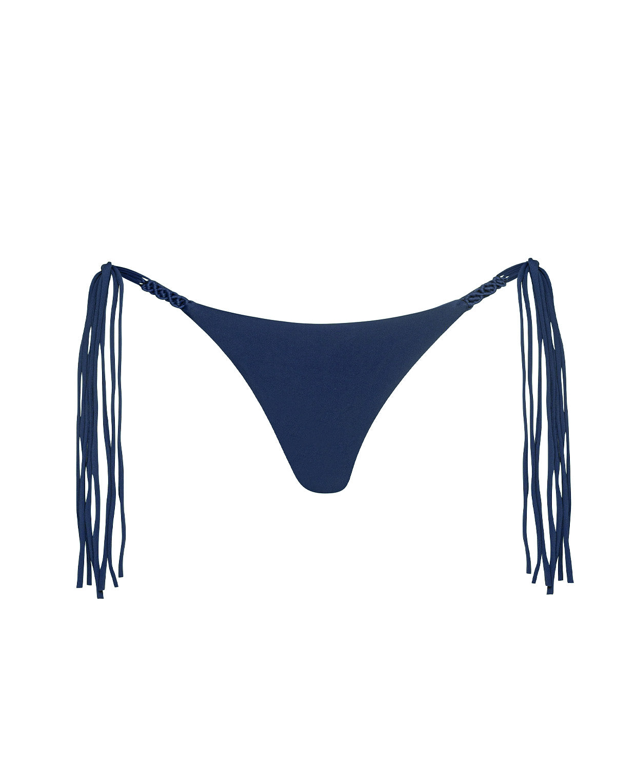 Navy blue bikini bottom with tassels on a white background