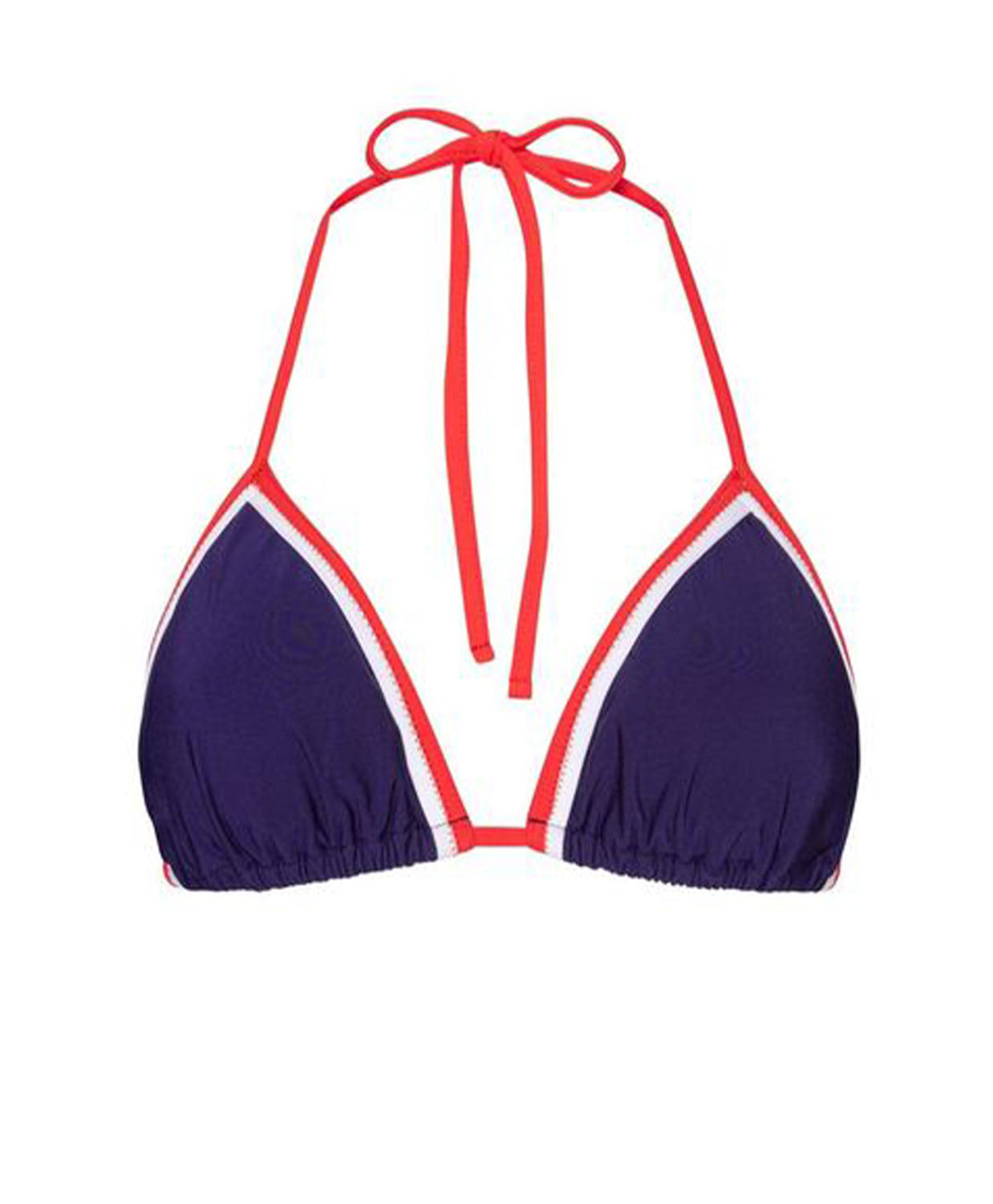 A navy triangle top bikini with red straps against a white wall.