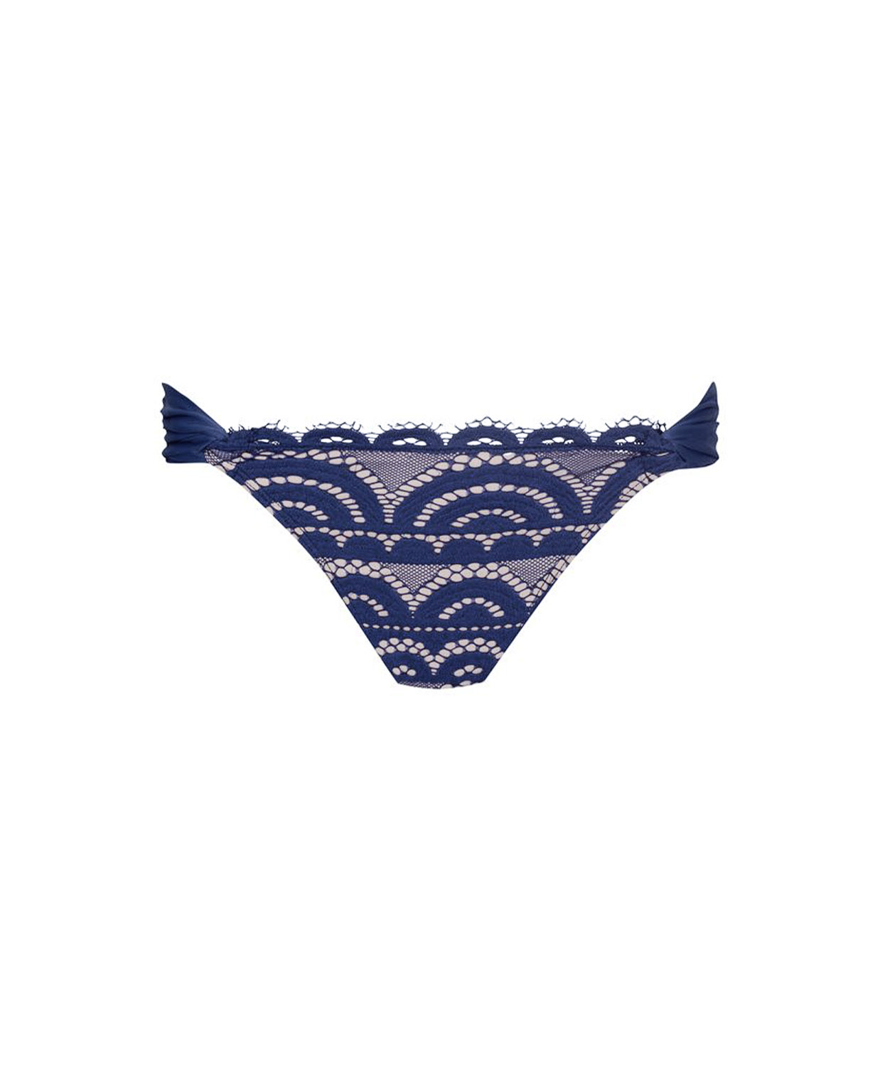 Navy blue lace bikini bottom with a scalloped trim shown against a plain white background.