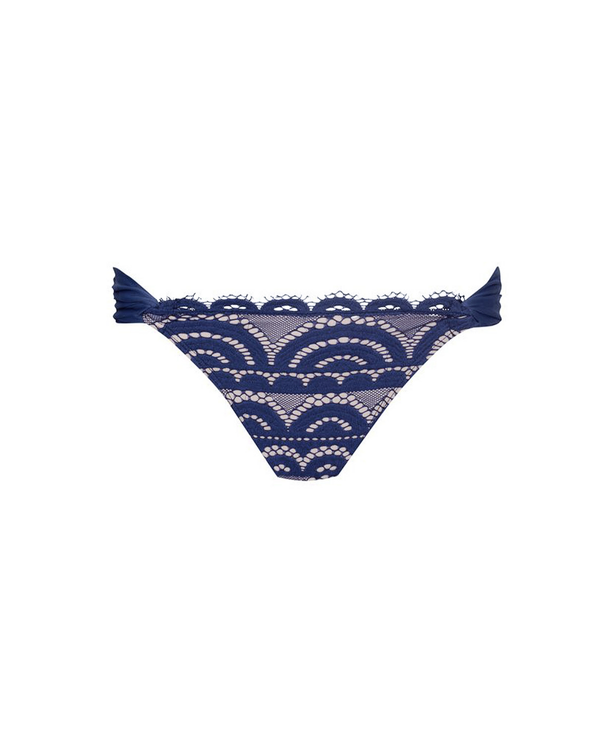 Navy blue lace bikini bottom with a scalloped trim shown against a plain white background.