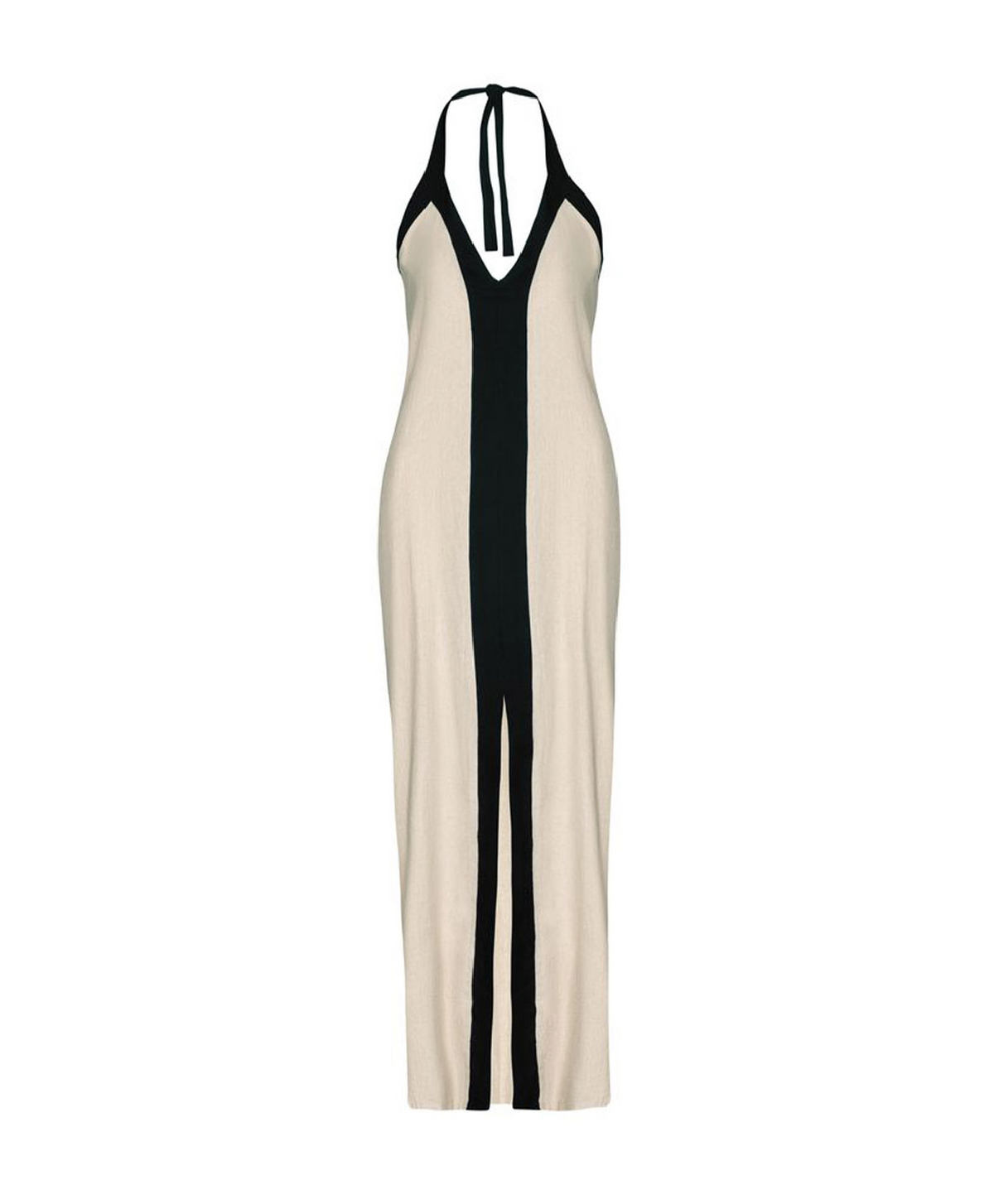 A sleeveless halter-neck maxi dress in beige with a bold black vertical stripe down the front and black trim at the neckline and back, shown on a plain white background.