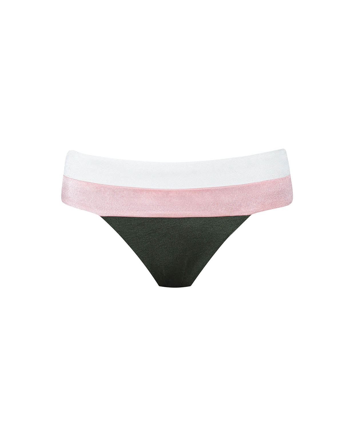 Bikini bottom with a pink and white waistband on a white background