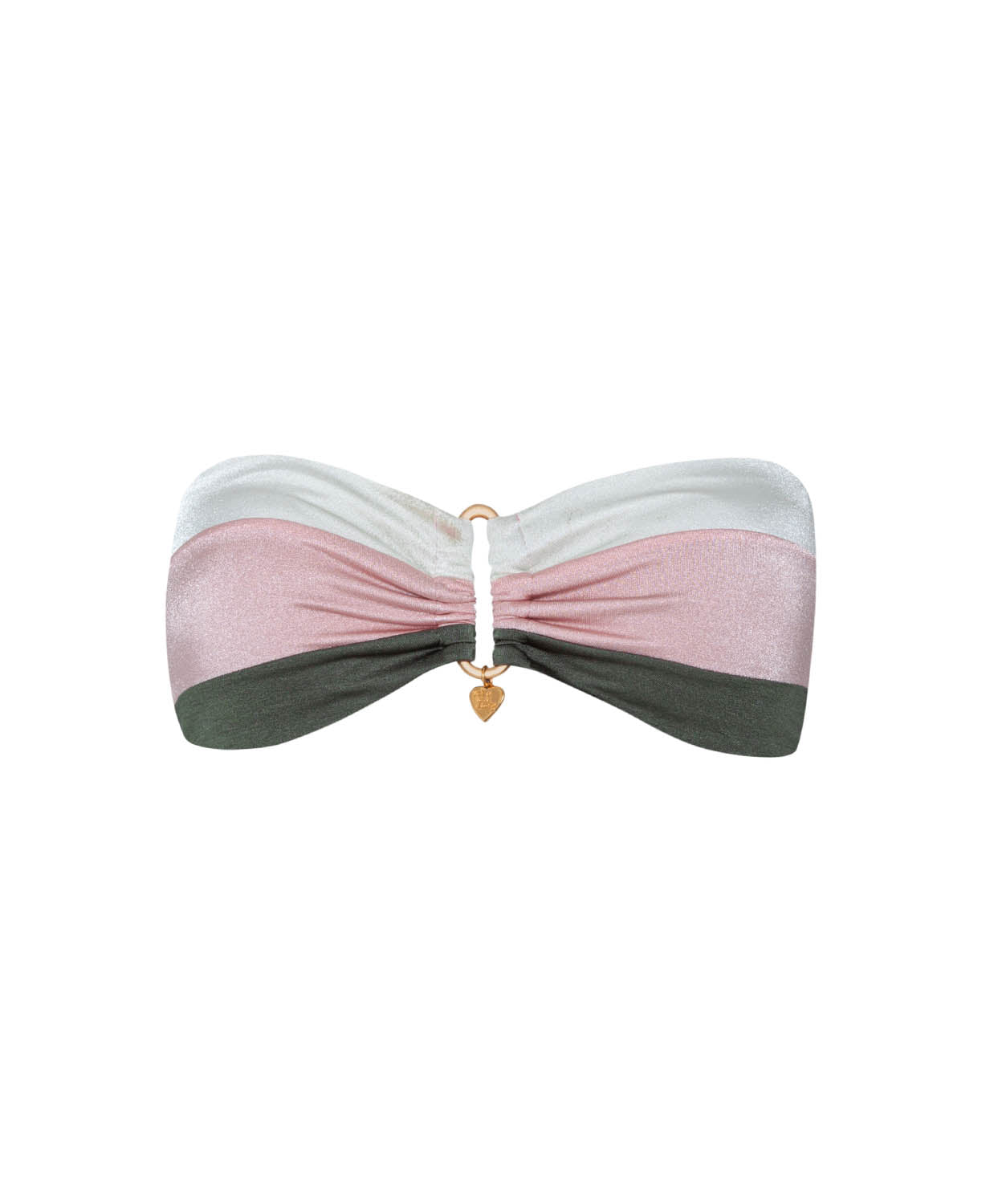 Color block bandeau top with a heart charm on a white background