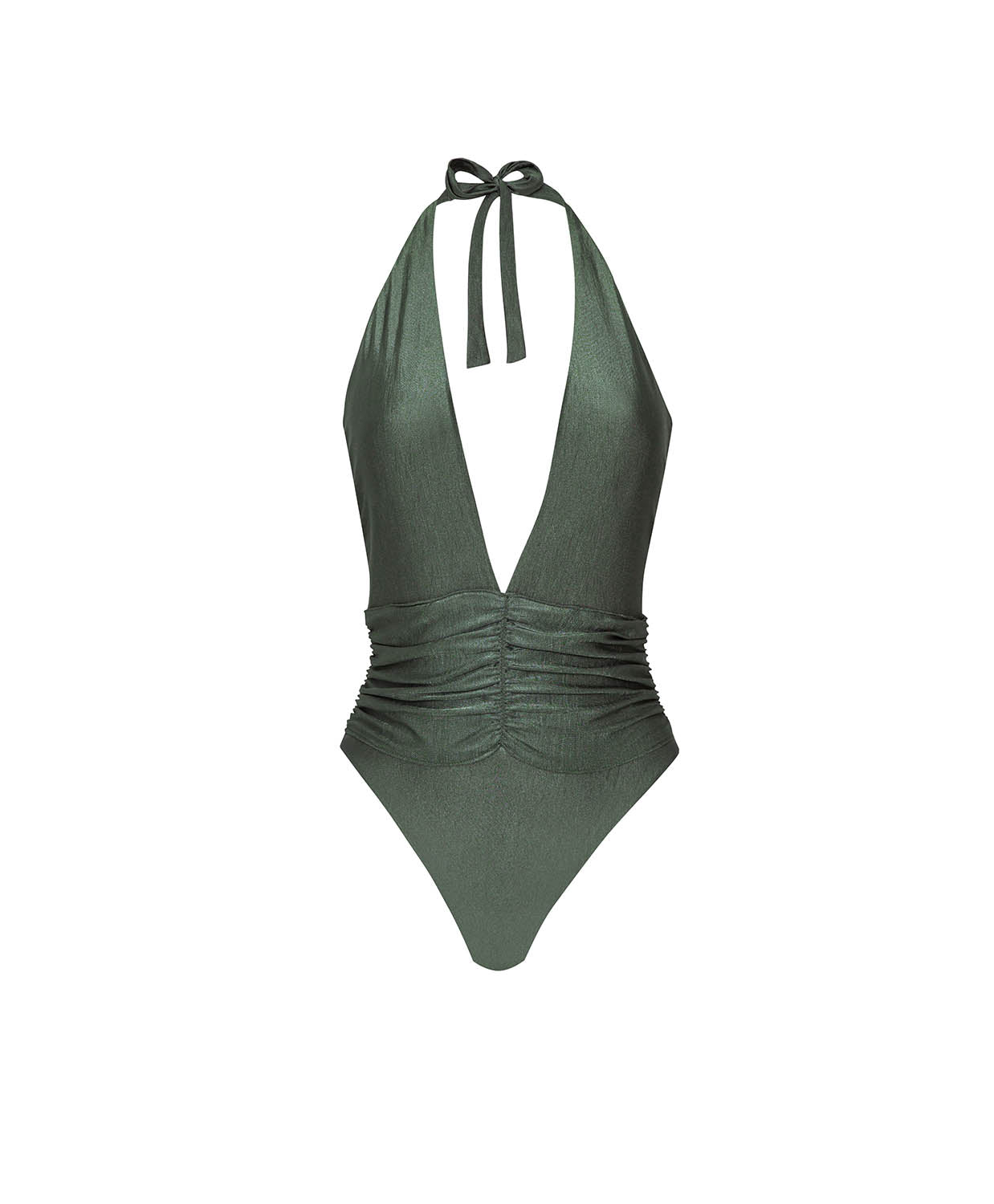 Green halter neck one piece swimsuit on a white background