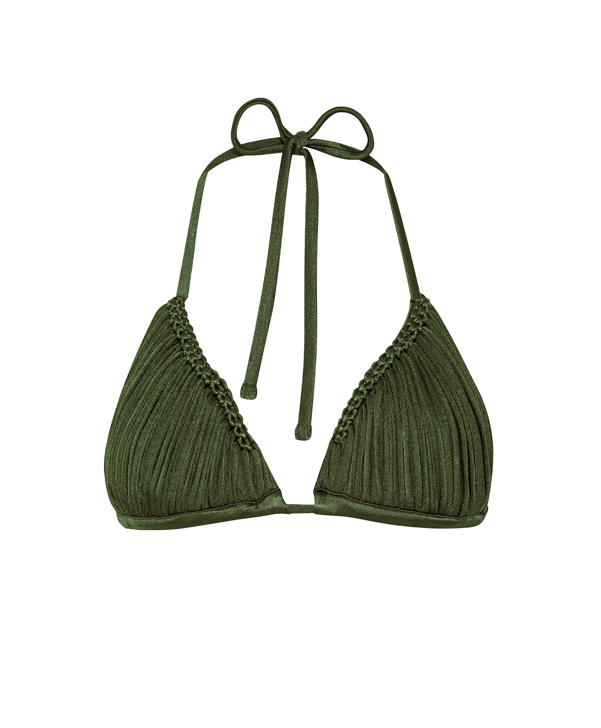 Green bikini top with thin straps on a white background