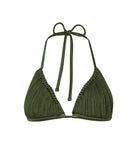 Green bikini top with thin straps on a white background