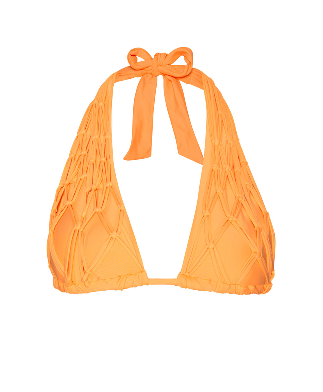 An orange bikini halter top against a white wall.