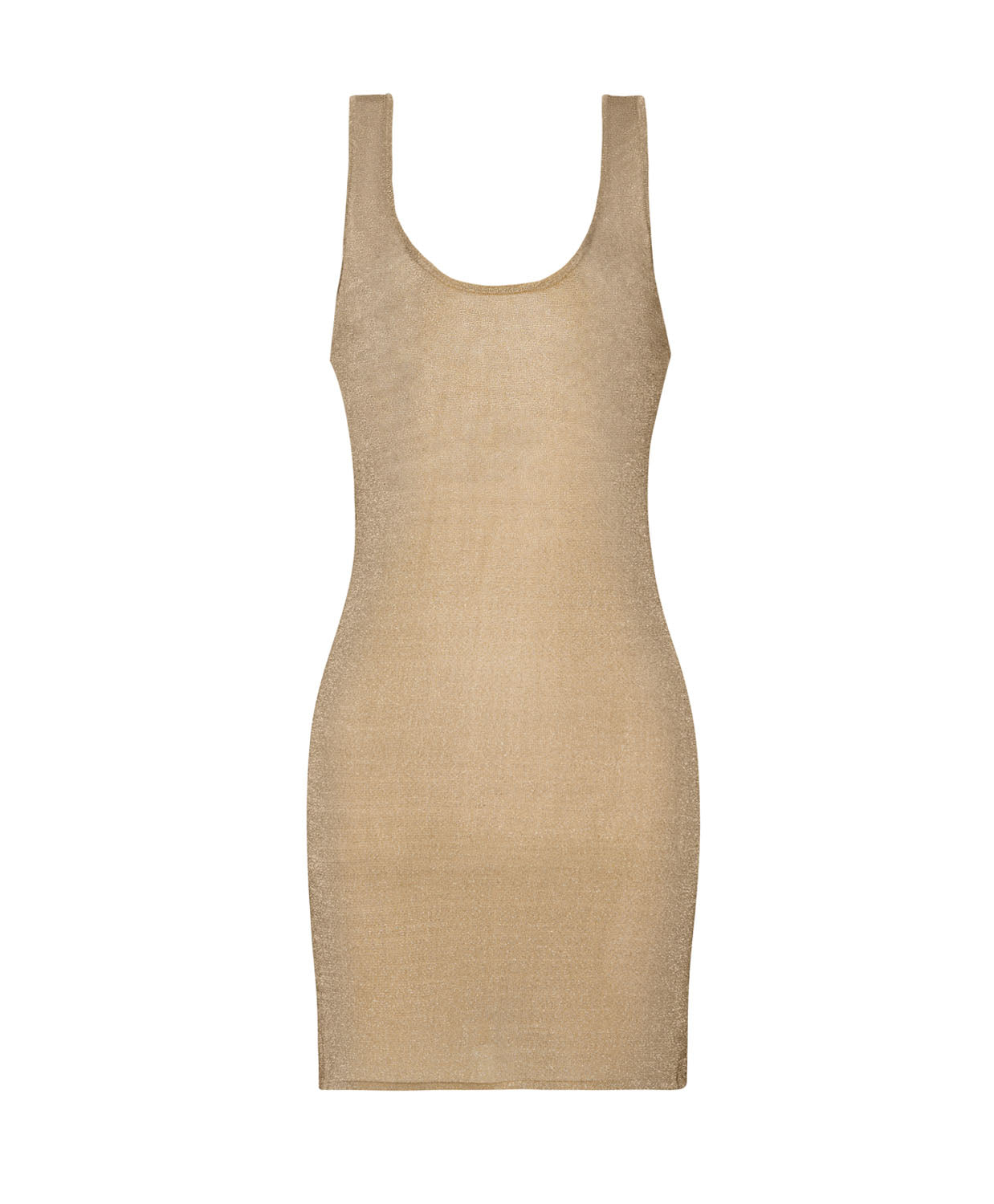 A tan mini dress with a shimmer against a white wall.