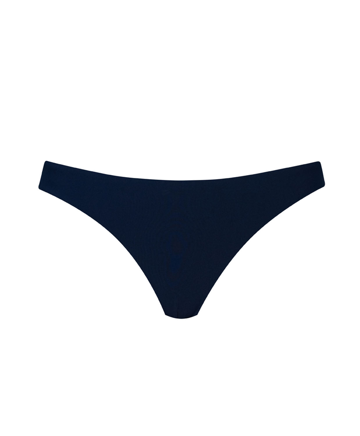 A navy bikini bottom against a white wall. 