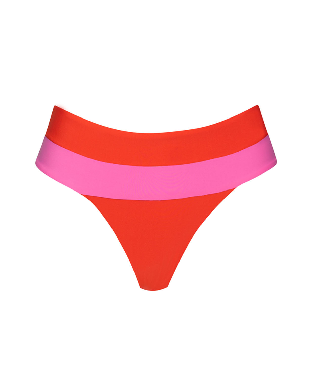 A high waist pink and red striped bikini bottom against a white wall.