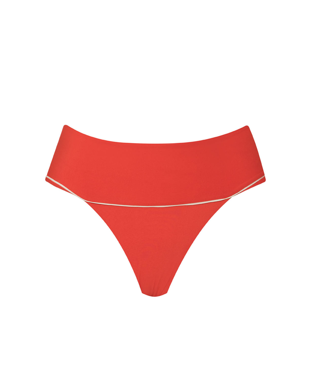 A high waist red bikini bottom against a white wall. 