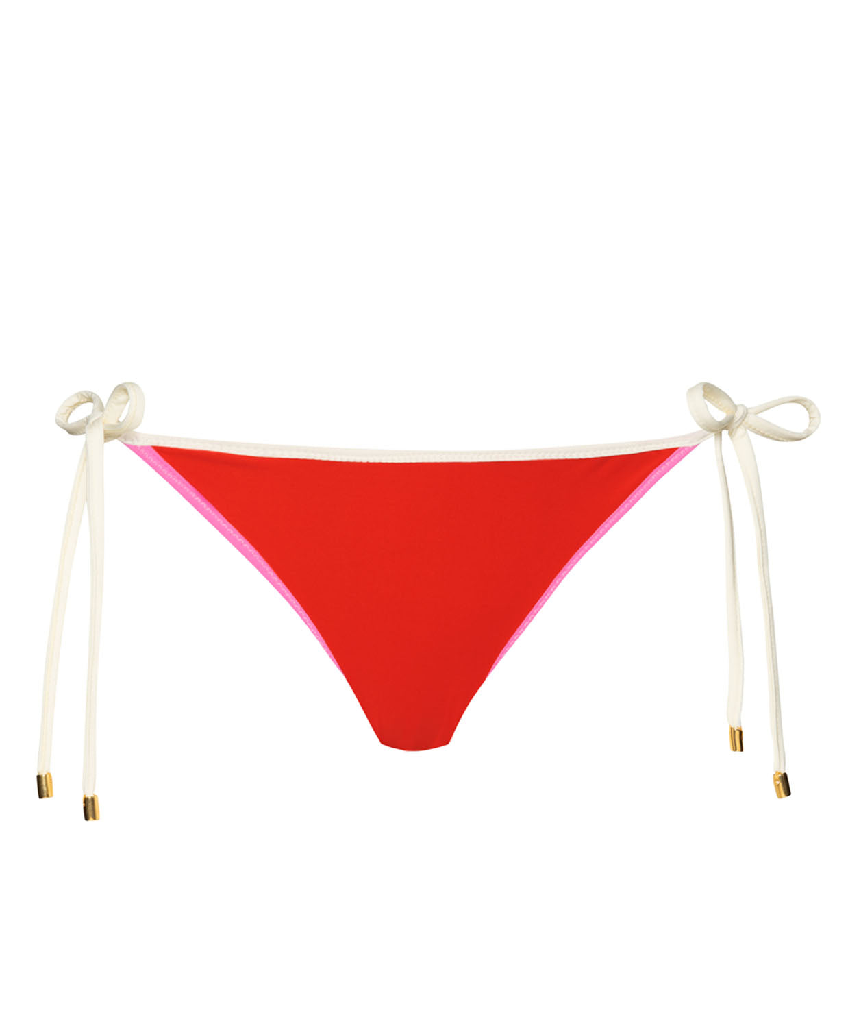 Red tie side bikini bottoms against a white wall.