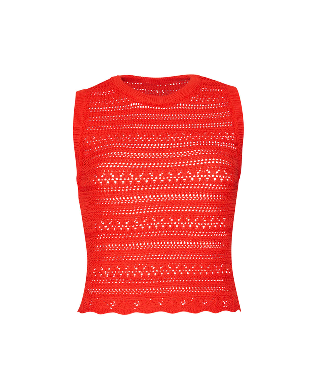 A red crochet tank top against a white wall.