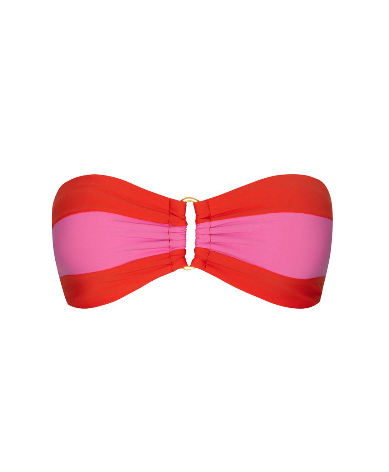 A pink and red striped bandeau bikini against a white wall.