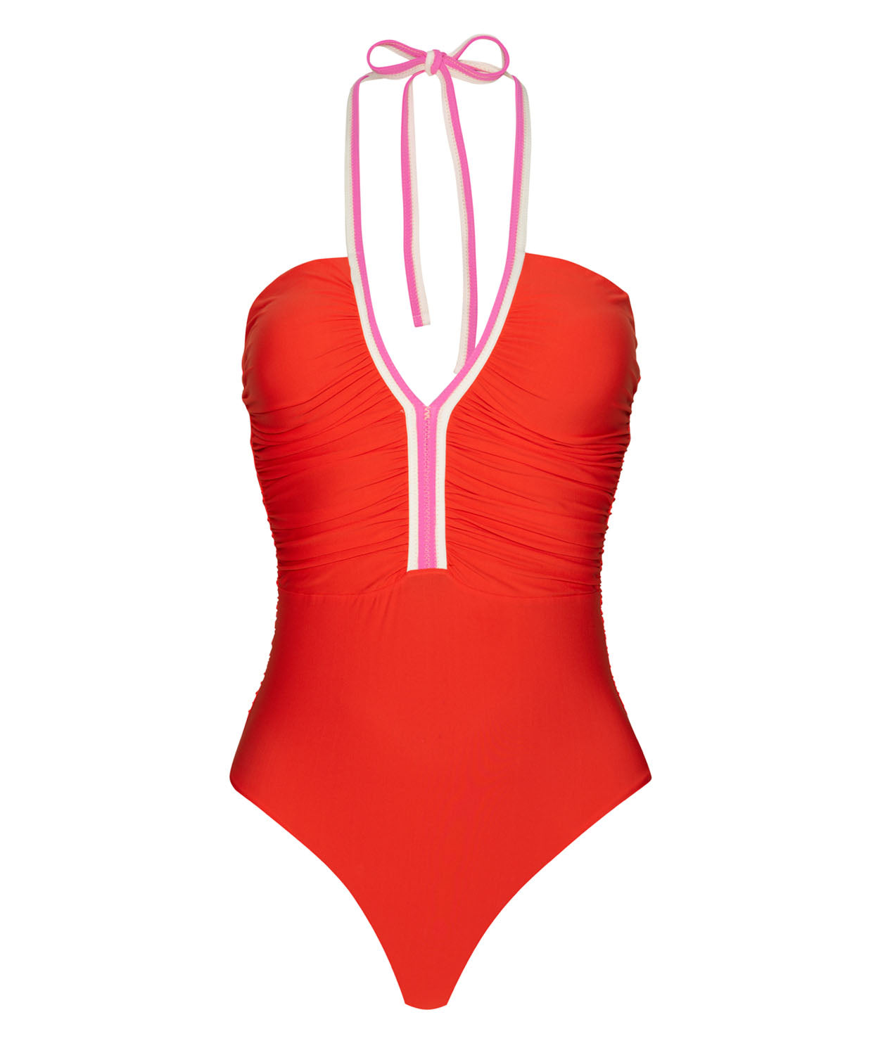 A red one piece with pink straps against a white wall.