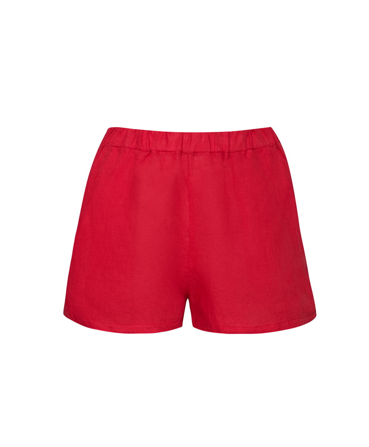 Red linen shorts against a white wall.