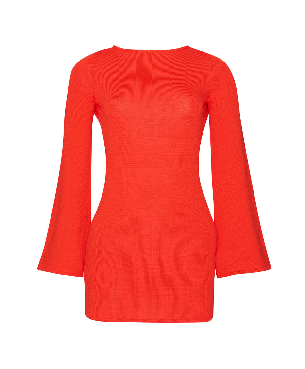 A long sleeve red dress against a white wall. 